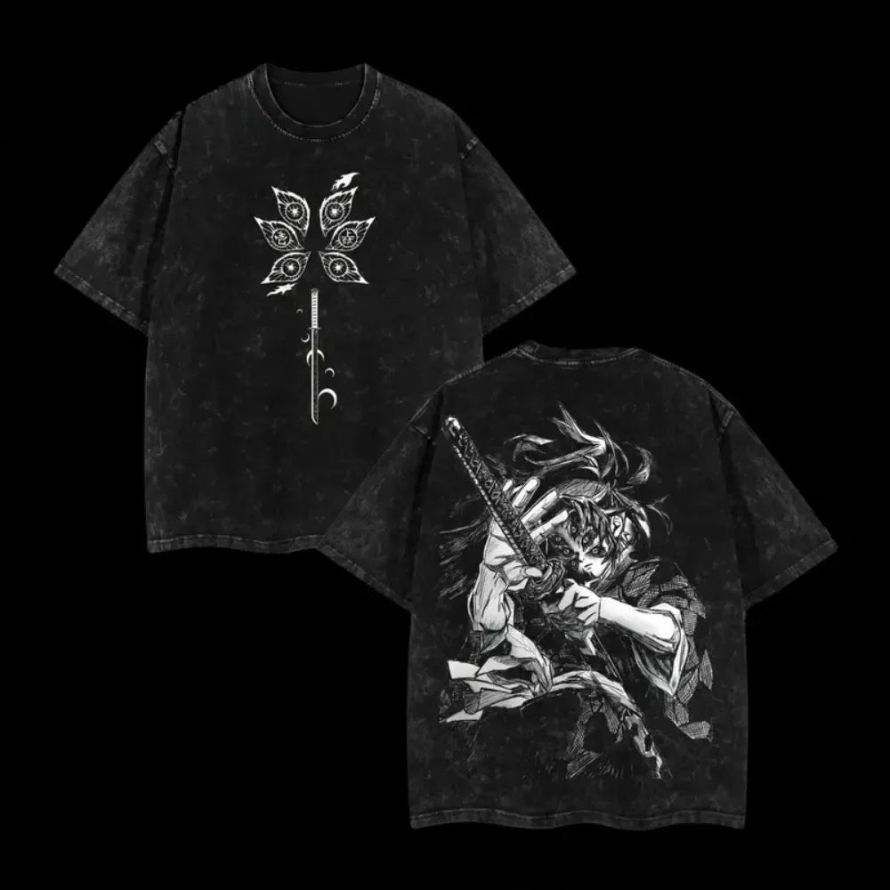 25 new fashion hot anime demon killer Kokushibo military T-shirt men's washed casual loose Harajuku men's retro T-shirt