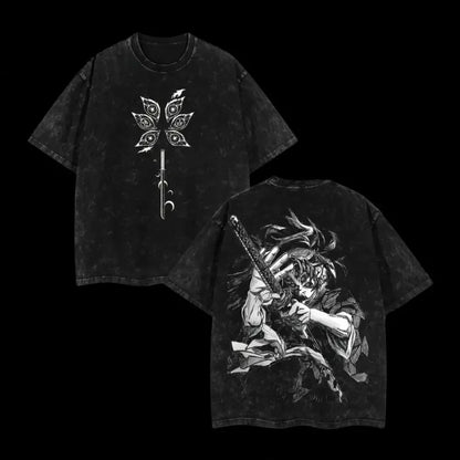 25 new fashion hot anime demon killer Kokushibo military T-shirt men's washed casual loose Harajuku men's retro T-shirt