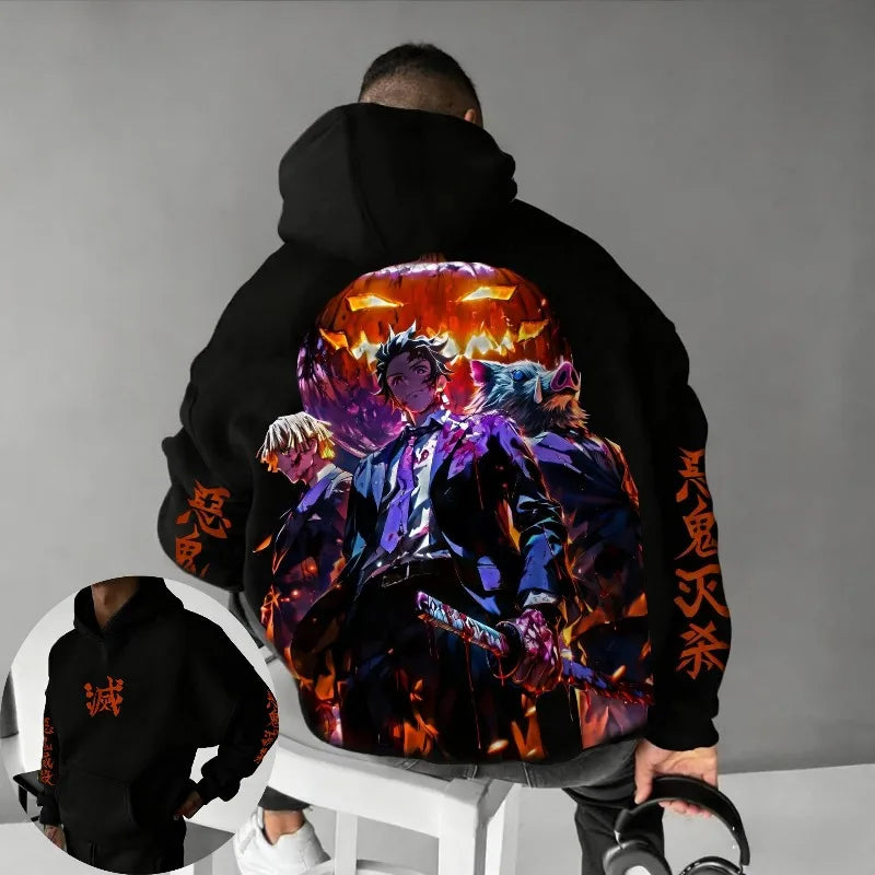 Demon Slayer Halloween Co Branded Hoodie Autumn/Winter Men's New Hashibira Inosuke Anime Printed Casual Loose