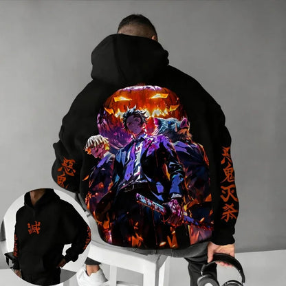 Demon Slayer Halloween Co Branded Hoodie Autumn/Winter Men's New Hashibira Inosuke Anime Printed Casual Loose