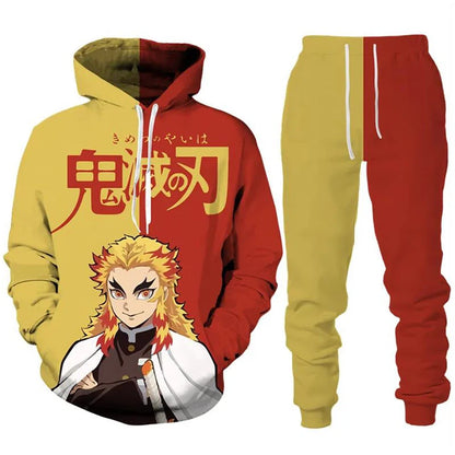 Anime Demon Slayer Hoodies 3D Printed Cosplay pants+Hoodie 2PCS Set Tracksuit Men Oversize Vintage Streetwear Hoodie Pants Sets