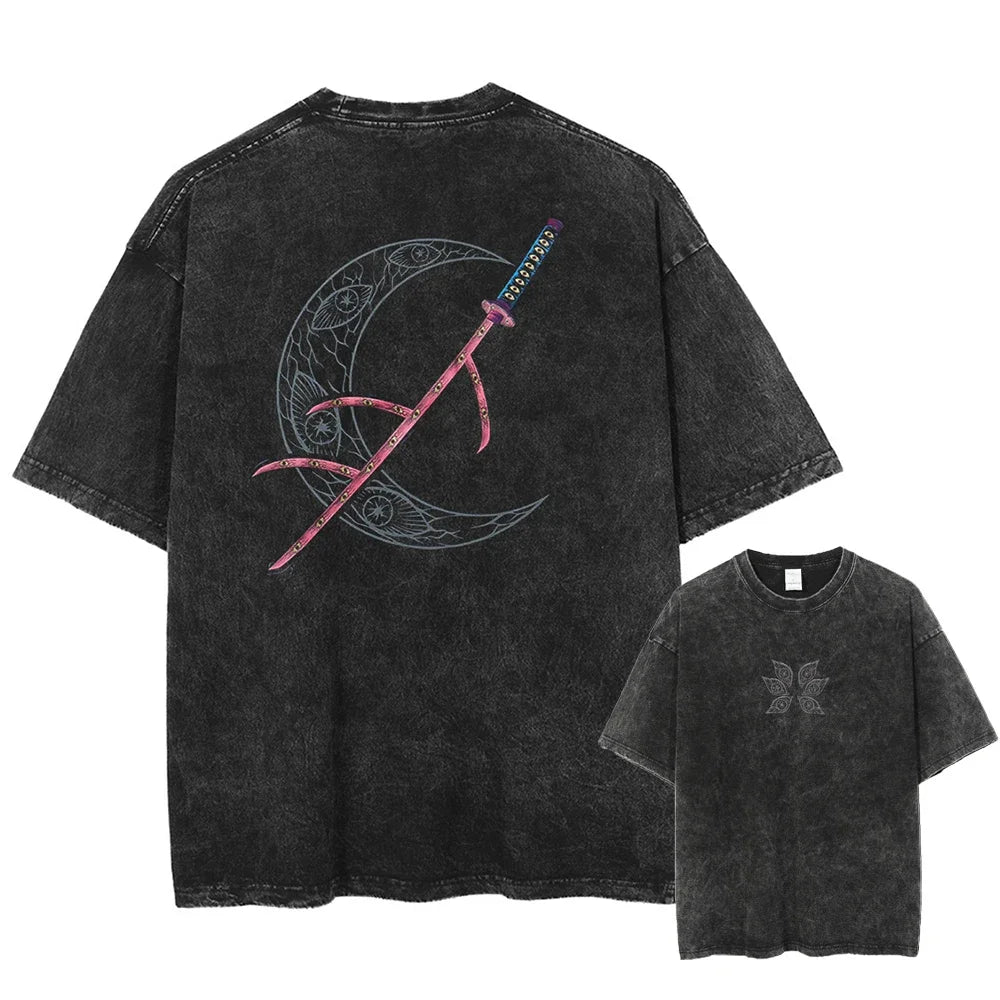 25 new fashion hot anime demon killer Kokushibo military T-shirt men's washed casual loose Harajuku men's retro T-shirt
