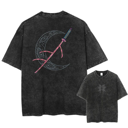 25 new fashion hot anime demon killer Kokushibo military T-shirt men's washed casual loose Harajuku men's retro T-shirt