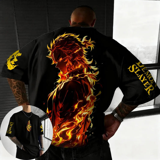 2026 New Demon Slayer Men's T-shirt Summer New Rengoku Kyoujurou Anime Print Harajuku Casual Short Sleeved Tee Top Y2k Clothes