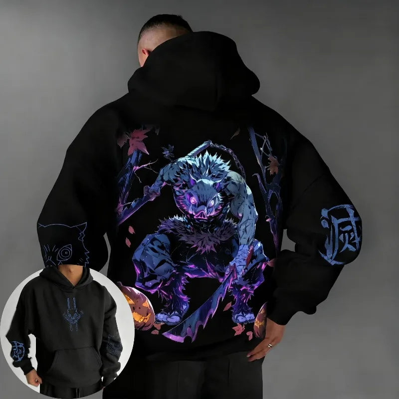 Demon Slayer Halloween Co Branded Hoodie Autumn/Winter Men's New Hashibira Inosuke Anime Printed Casual Loose